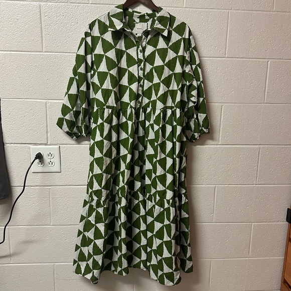 Anthropologie Maeve Bettina Tiered Shirt Dress Plus Size 1X Midi Green Pattern - Picture 3 of 13